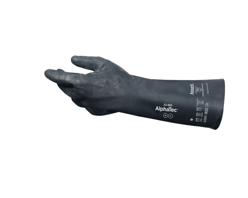 Guante Ansell Alphatec 53-003 con tecnología de barrera química Microchem para máxima protección química, forro de nailon para mayor comodidad, protección al calor de contacto nivel 1.
